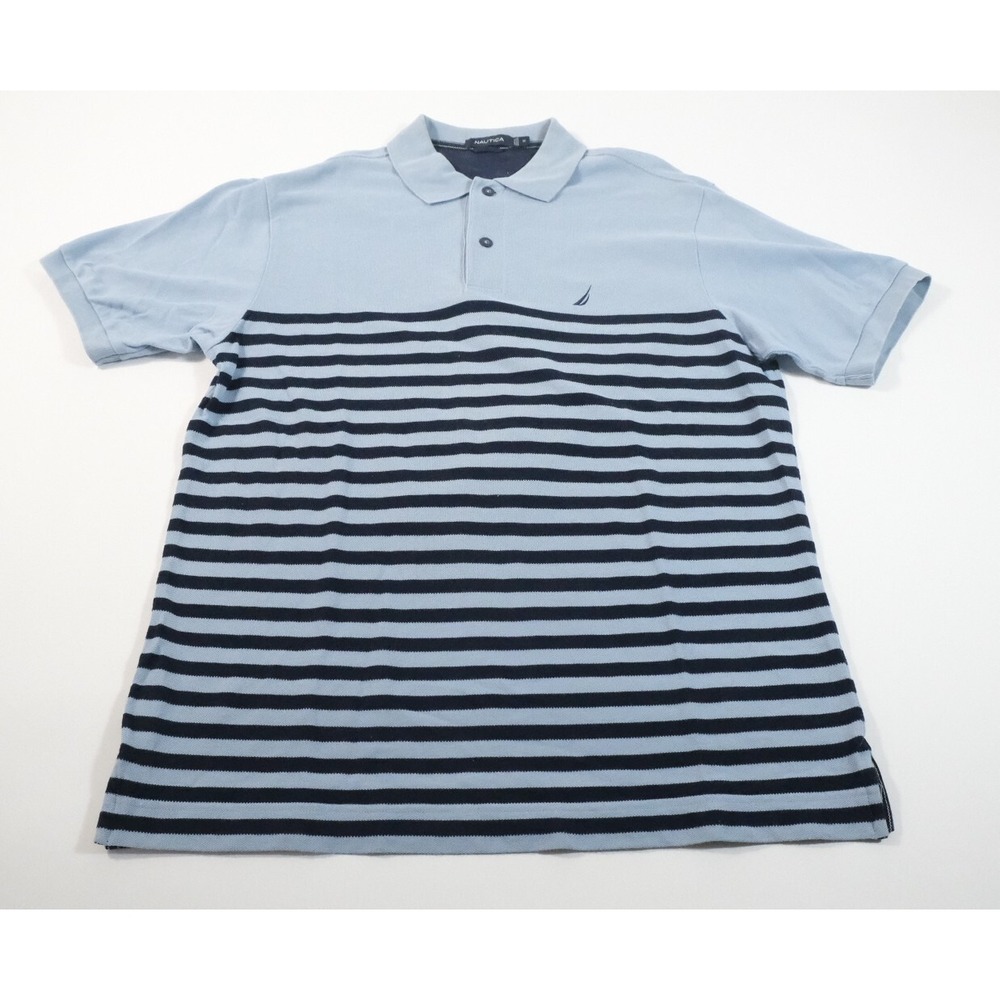 Nautica Polo Shirt Mens M Blue Striped Short Sleeve Cotton Pique Logo Casual